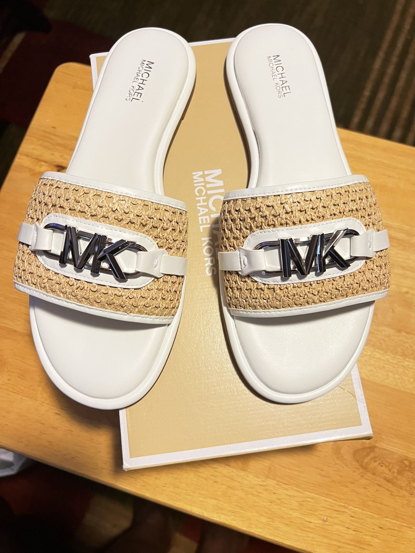 Michael Kors White and Tan Slide Sandals with Braided Strap