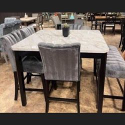 5-Pc Counter Height Dining Set White Faux Marble Table Top With Grey Velvet Upholstered Chairs (  Not Including Bench)