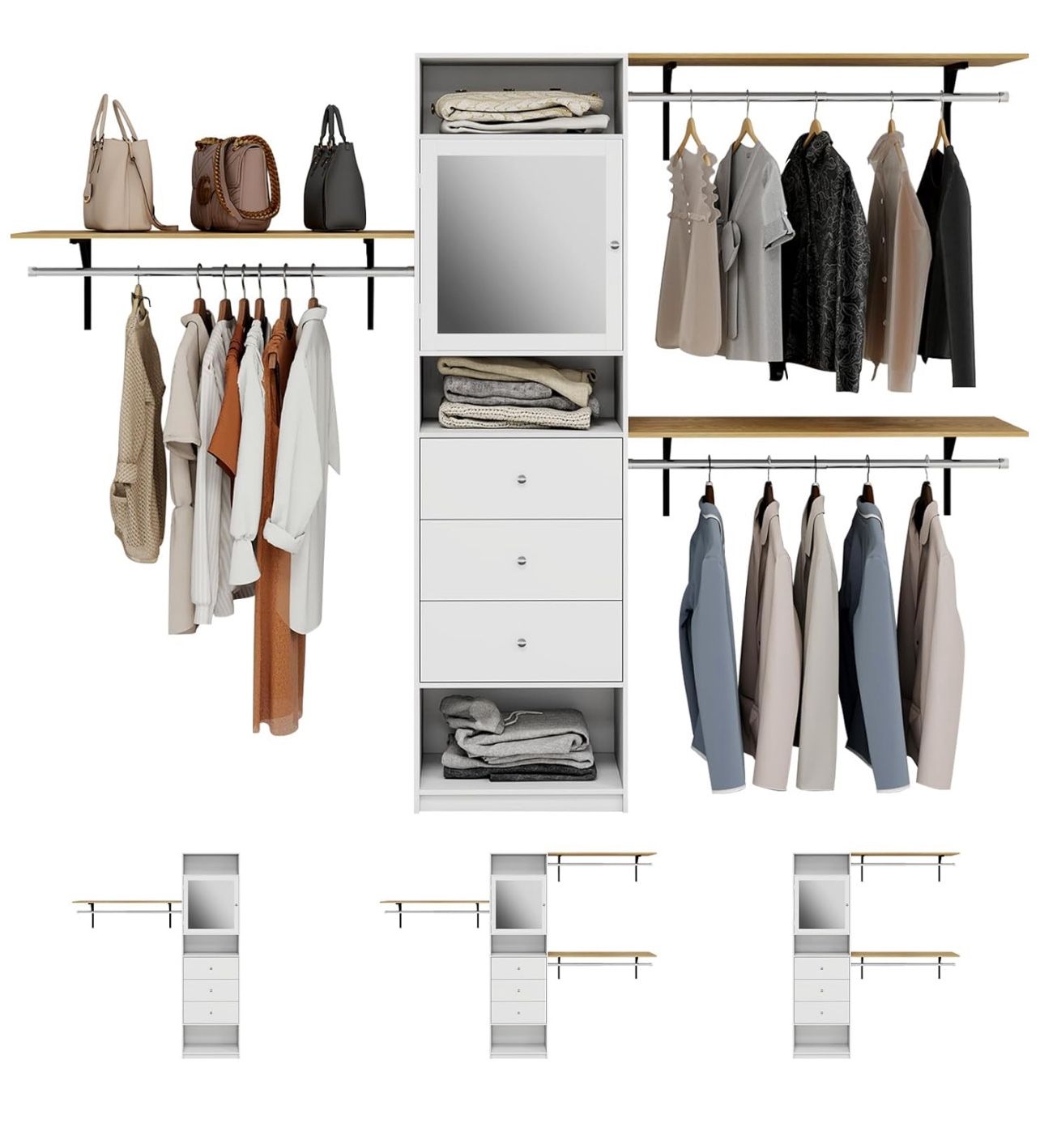 0978 96'' Closet System with Drawers, 8FT Closet Organizer System with Mirror Cabinet& 3 Shelving Towers, Built-In Clothes Garment Rack with 3 Extenda