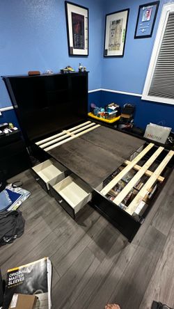 Black Wooden Full Size Bookshelf Bed Frame with 4 Drawer Storage