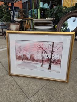 Vintage Winter Landscape Painting – Original Watercolor Signed "Just Patsy"