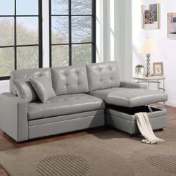 Brand New Light Gfay Synthetic Leather Sectional With Pullout Bed
