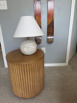 Round Fluted Wood Side Table and Lamp