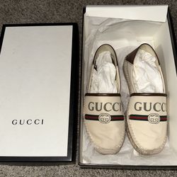 Gucci Mens Espadrilles Men’s 5 Cream / Tan GG logo Par Amour 