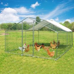 10'x10' x6.5ft Large Metal Chicken Coop Run, Heavy Duty Walk-in Poultry Cage with Cover, Outdoor Hen Rabbit Chicken Run in with Spire Shaped for Farm