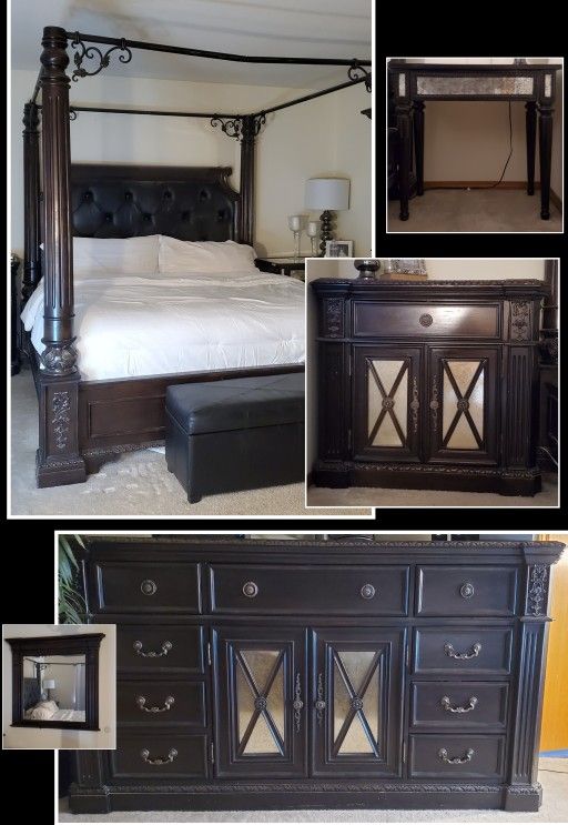King size bedroom set, Canopy bed, Dresser with Mirror, Nightstand, Bedside Table