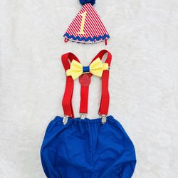 Baby Smash Cake 1st Birthday Outfit Carnival Circus Theme Red Blue Yellow
