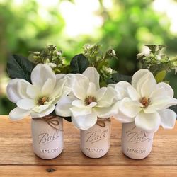 Chalk painted distressed mason jars wedding gift - WHITE MAGNOLIAS trio