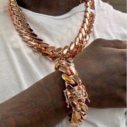 Set Chain & Bracelet 20mm Miami Cuban Link Rose Gold Plated Chain Necklace 18k & 14k Crab Old School Regular Lock