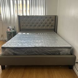Queen Size Bed Frame And Mattress Set With Box And Mattress Topper 
