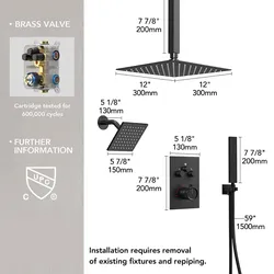 EVERSTEIN 12 In. Ceiling-Mounted Thermostatic Shower System in Matte Black