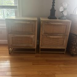 Powell Natural Rattan & Gold Base Bed Side Tables 