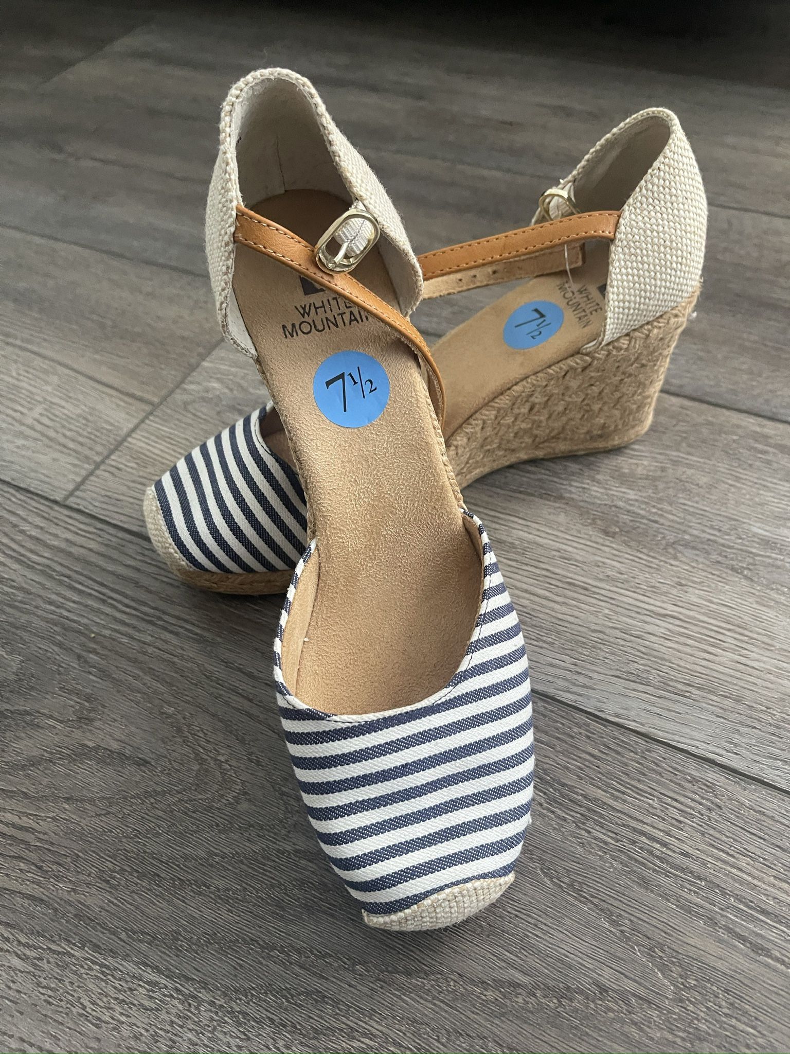 White Mountain Mamba Navy White Striped Espadrille Wedge Sandals Sz 7.5 New