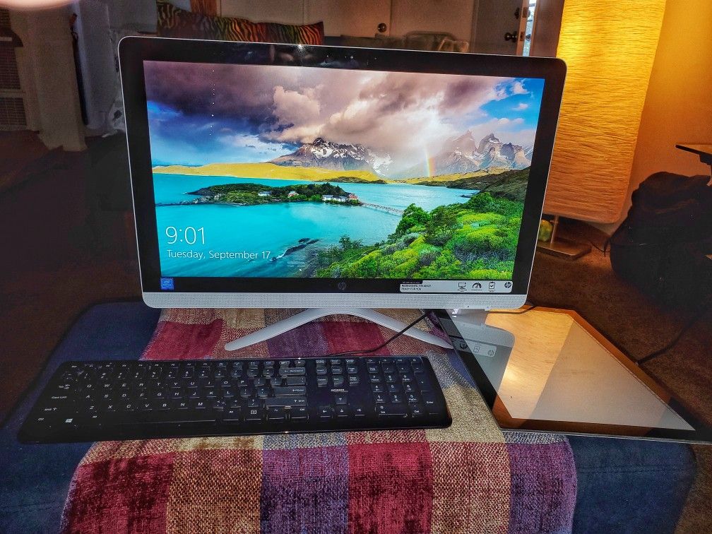 HP all-in-one 22" IPS touch screen display desktop laptop. PC version of an iMac.