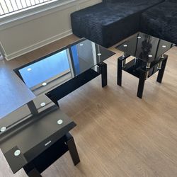 Glass Coffee Table - Black Metal Frame Set of 3 Living Room Table Set 