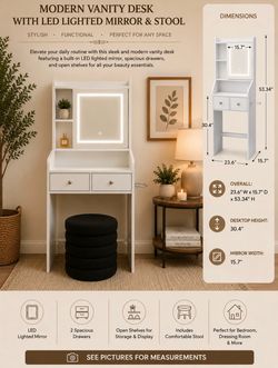 Modern White Vanity Desk with LED Lighted Mirror & Stool – Fully Assembled