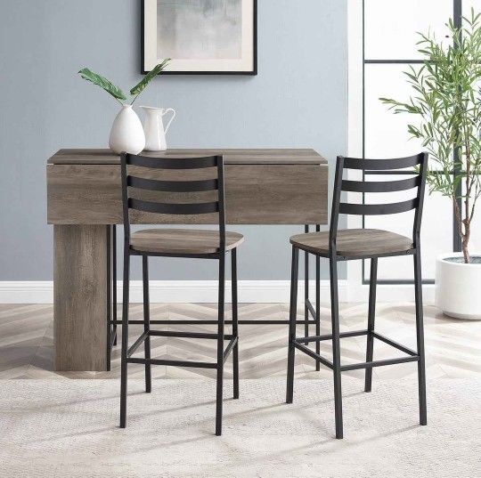 High Top 3 Piece Drop Leaf Counter Table Dining Set with Storage, 48", Grey Wash(New In A Box)