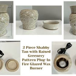 2 Piece Shabby Tan with Raised Greenery Pattern Plug-In Fire Glazed Wax Burner 