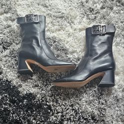 Alberta Ferretti Sz 41 Black Leather Chunky Heel Boots W/ Silver Logo Buckle