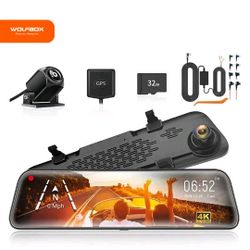 WOLFBOX 12" G840S Mirror 4K Dash Cam Backup Camera 2160P Full HD Free SD & GPS
