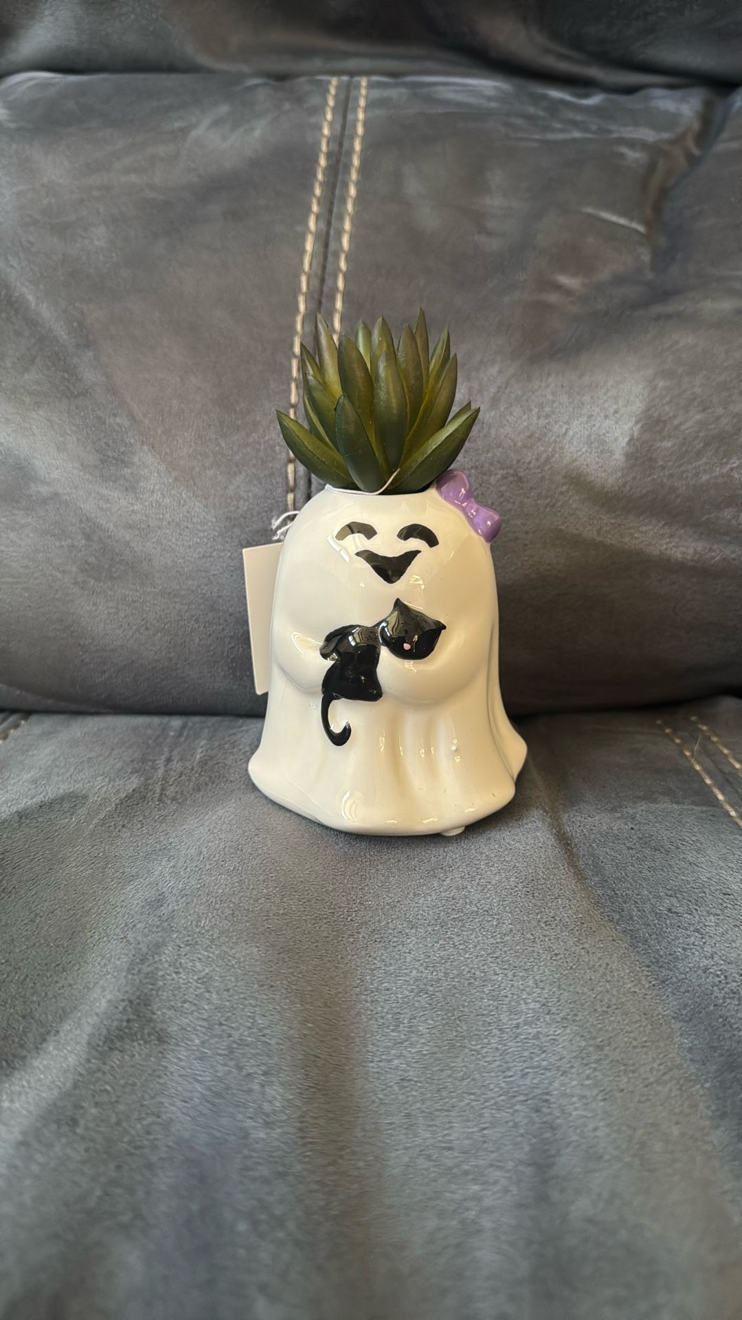 New With Tags Fake Succulent Ceramic Ghost Cat Planter Halloween Decoration