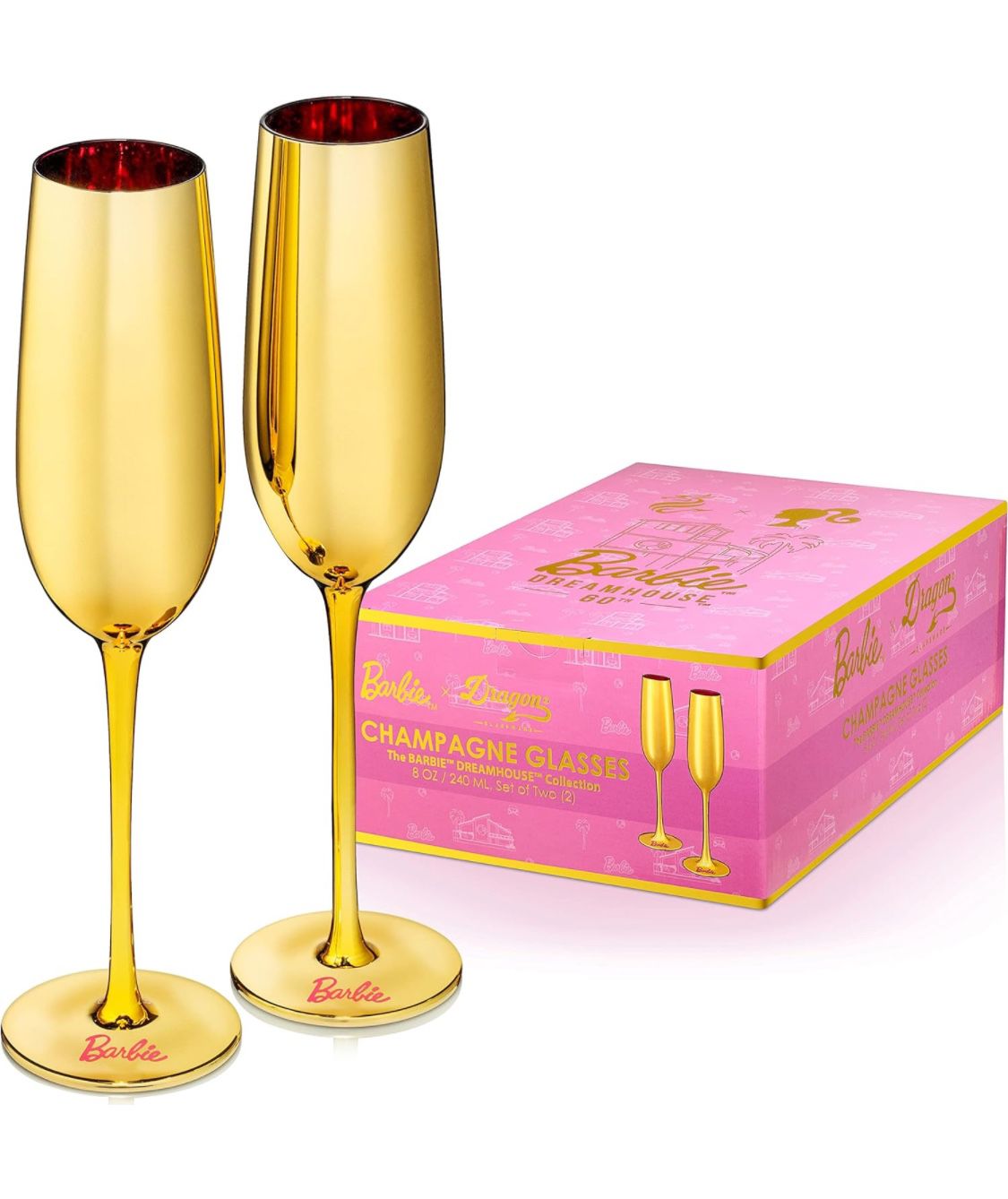 Dragon Glassware X Barbie Champagne Flutes, Barbie Dreamhouse Collection, Gold With Pink Interior Crystal Glass, Mimosa And Cocktail Glasses, 8 Oz Cap