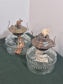 Pair of Vintage Glass Eagle Oil Lamps with Wicks