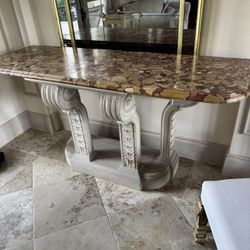 Beautiful Vintage console table w/ a multi-hued marble top. - Excellent Condition - 64” x 22” x 34”   