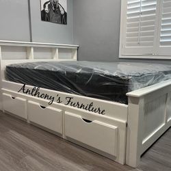 White Queen Bed With Mattress And Storage 