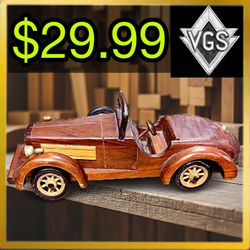 *CAR* Hand-Carved Wooden Vintage Roadster Decorative Car 1970s
