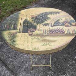 Beautiful Painted Metal Folding Table Garden Scene