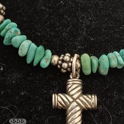 Vtg.sterling Silver Designer Turquoise & Cross Bracelet- 7.50 In.