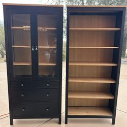 Hemnes Ikea Black Brown Natural 3 Drawer Tan Wood Glass Display Curio Cabinet Bookshelf Bookshelves Lighted Book Storage Toys Kids Shelves Shelf