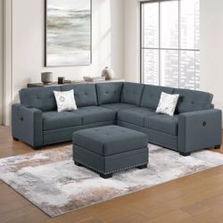 4-Piece Sectional Set W/ Ottoman RAF/LAF One-Arm Loveseat W/USB + Corner Wedge + Cocktail Ottoman  Color: Dark Gray 🔥 Seccional De 4 Piezas Nuevo