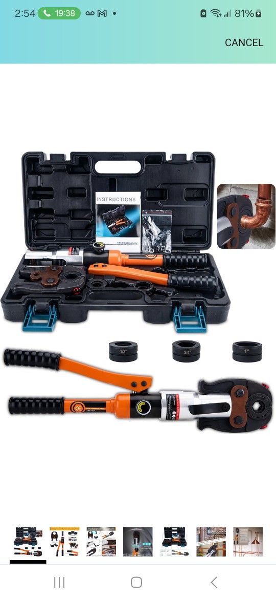 ASDFGHT Copper Pipe Crimping Tool, Copper Press Tool W/ 1/2", 3/4", 1" Jaws, Copper Tube Fittings Hydraulic Pipe Crimping Tool, for Confined Spaces an