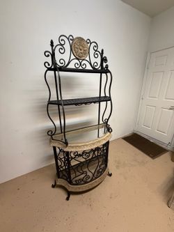 Large Decorative Baker’s Rack / Bar Cabinet – Wrought Iron & Glass – 77” Tall