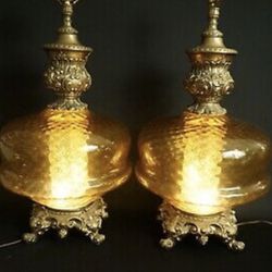 Vintage mid century large amber glass Hollywood Regency 3-way lamp set, pair