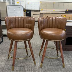 24" Swivel Bar Stools Set of 2✨Counter Height Bar Stools with Back, Leather Swivel Counter Stool with Wood Legs, Upholstered Pub Kitchen Stools Brown
