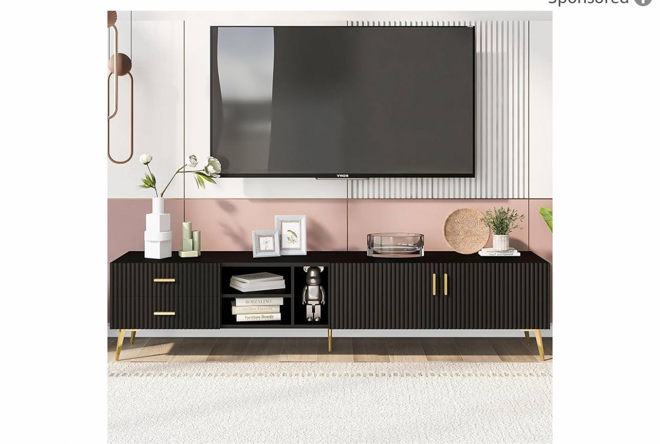 Modern Black Ribbed TV Stand with Gold Accents – 70.9” Media Console with Drawers, Cabinets, and Open Storage for TVs up to 77”