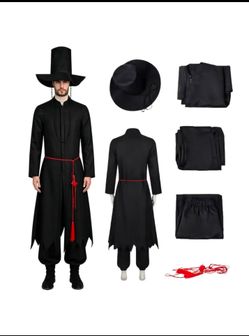 (XL) 6pcs Men's Black Long Robe Costume Set with Top Hat, Irregular Hem Outfit, Halloween Christmas Easter Theme Party Fancy Dress-Up Costume