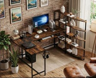 Gaming Computer Desk with 5-tier storage shelves