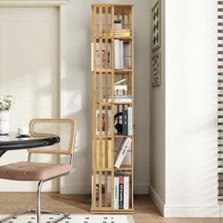 Bamboo 360 Degree Rotating Tall Bookshelf, 6 Tier Bookcase Corner Storage Organizer Display Shelf Rack Organizer for Home Office, Natural