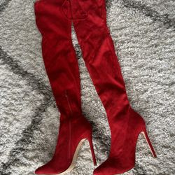 Red Velvet Thigh High Boots - Size 8