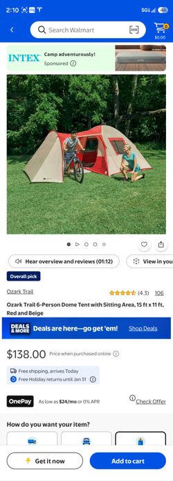 Ozark Trail 6-Person Dome Tent with Sitting Area, 15 ft x 11 ft, Red and Beige