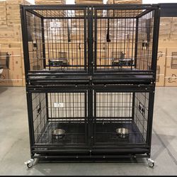 2-TIER Brandnew HD Divider Kennel Crate Cage W/ Tray & Casters & Bowls  🐶🐶 Dimensions:43”L X 28”W X 26”H ✅