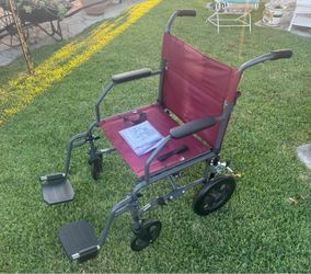 Medline Steel Transport Wheelchair Chair - Full-Length Arms, Swing-Away Footrests, 12" Wheels - Gray/Burgundy
