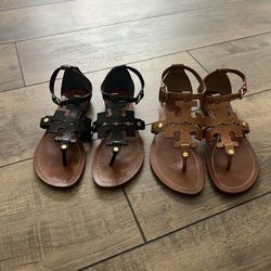 Tory Burch Phoebe Flat Thong Sandals Black and Royal Tan Leather Miller