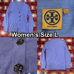 Tory Burch Women's Size Large Purple Cardigan Wool Sweater with Logo Buttons