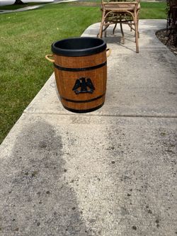 Barrel-Style Waste Bin with Eagle Emblem