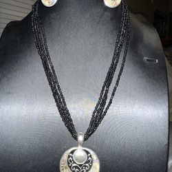 BRAND NEW - Costume Jewelry -  Mother of Pearl/Black Beaded Necklace & Matching Earrings - Medium Length